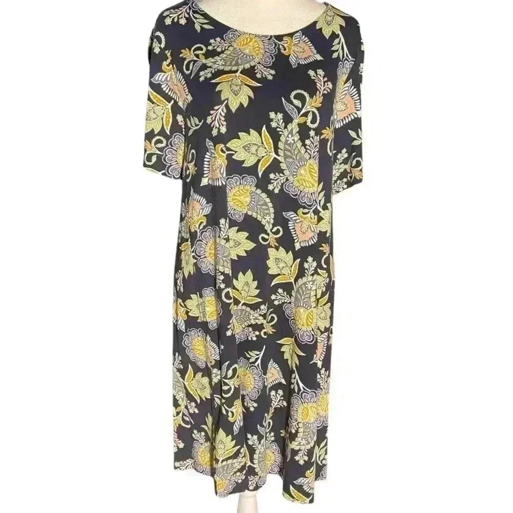 Ann Taylor LOFT Shift T Shirt Dress Size M Black Paisley Print Stretch Teacher